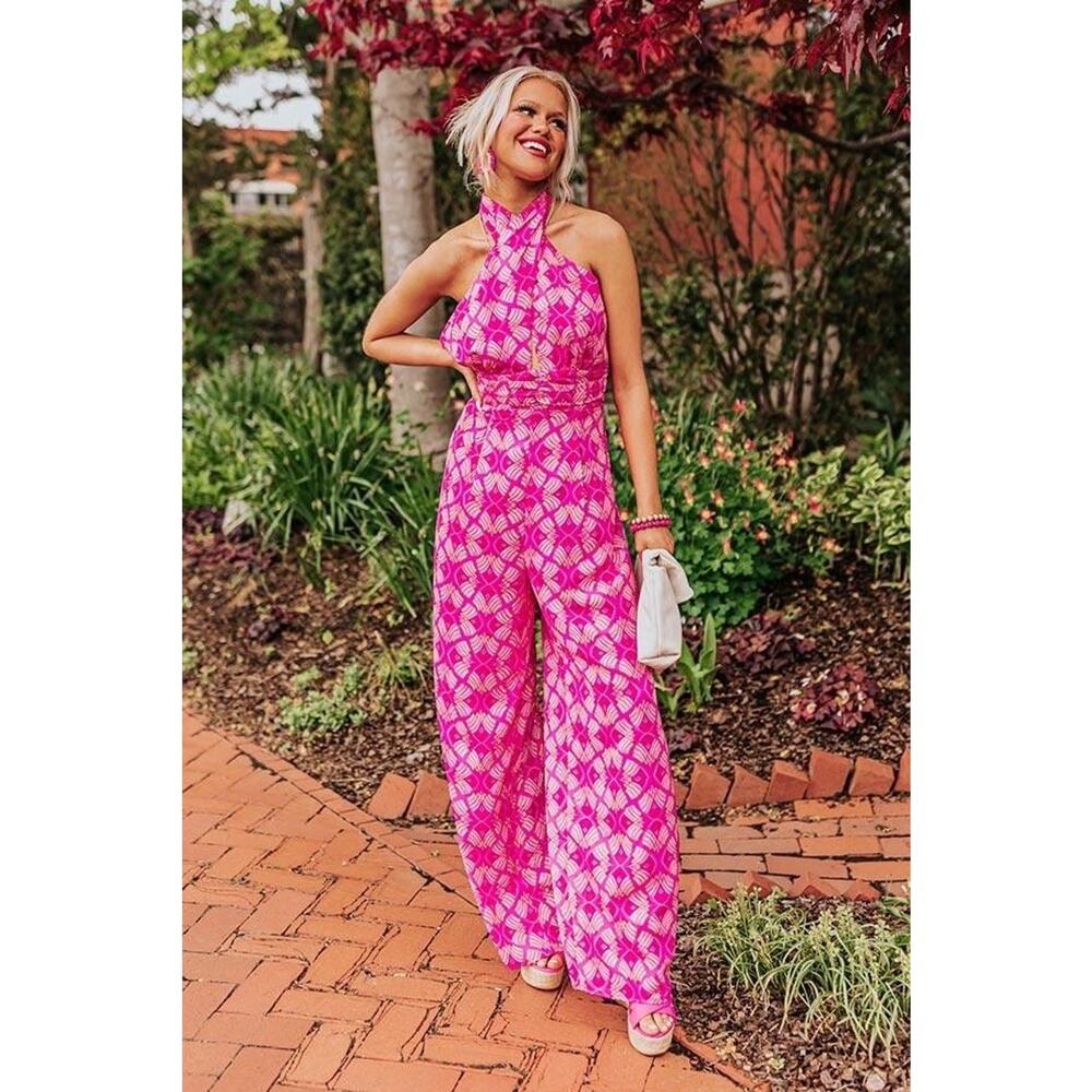 Impressions Jumpsuit Women's Small Pink Geometric Halter Backless Wide Leg